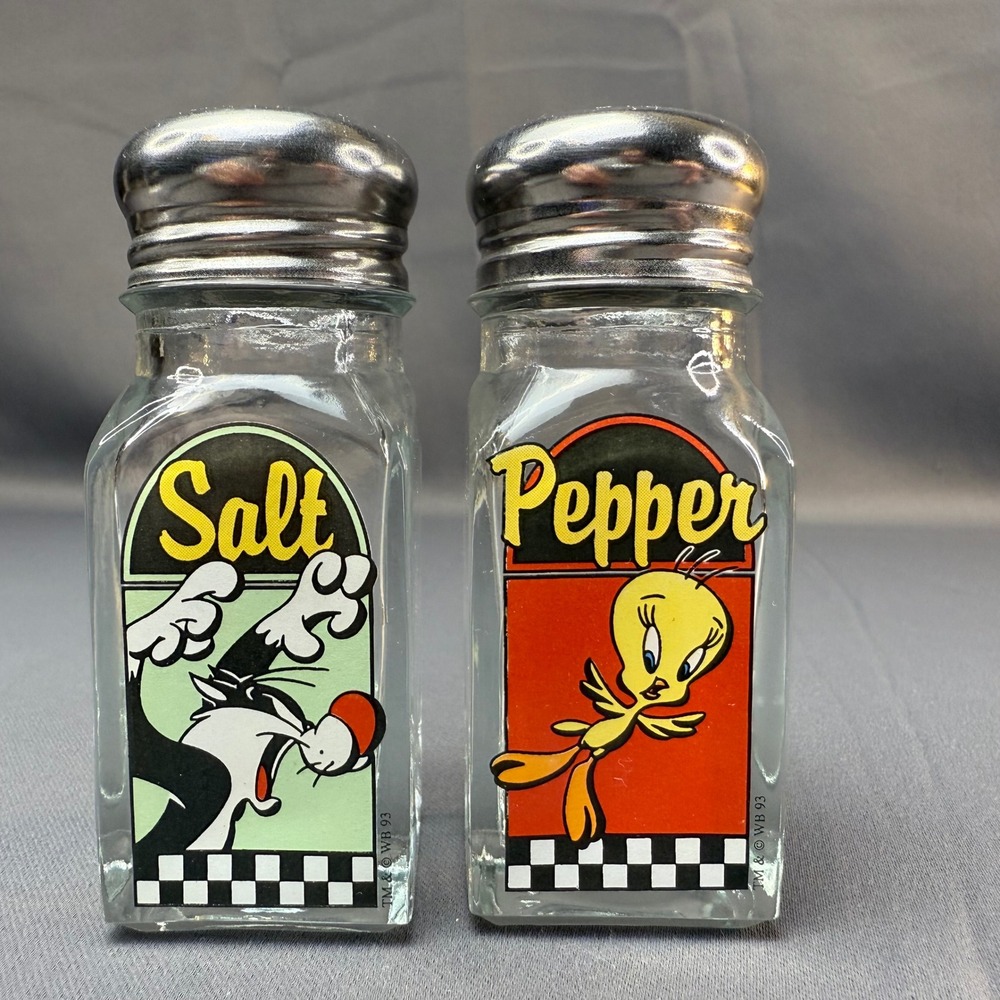 Vintage 1993 Looney Tunes Sylvester Tweety Salt Pepper Shakers Glass Warner Bros